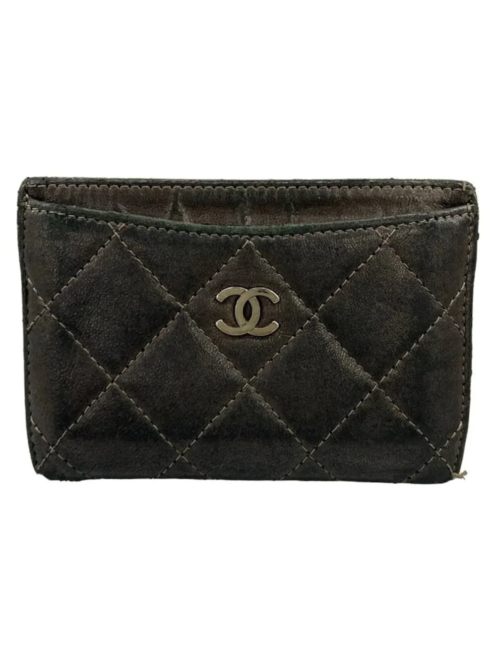Chanel Card Case Quilted Black Silver Lambskin